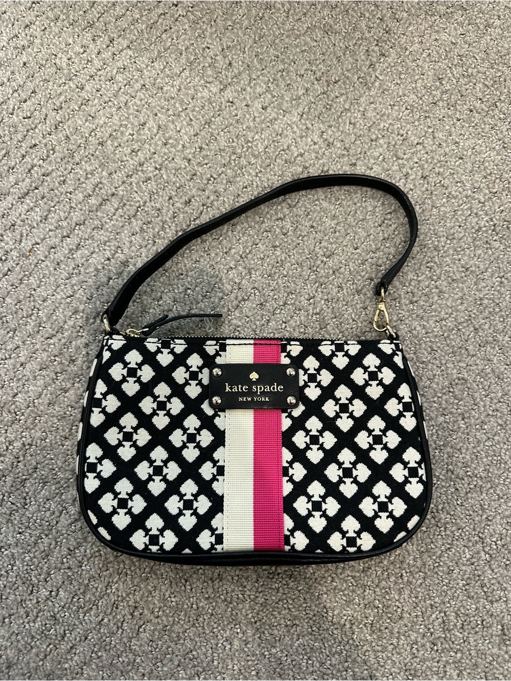 kate spade Black & White Geometric Mini Wristlet with Pink and Cream Stripe